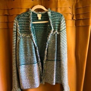 Chico’s jade green with blue/cream accents tweed sweater jacket